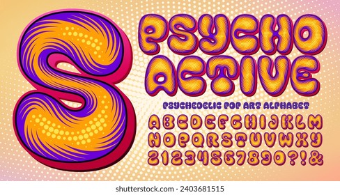 Psychoactive: an intricate soft and pillowy psychedelic alphabet style in bright retro colors.