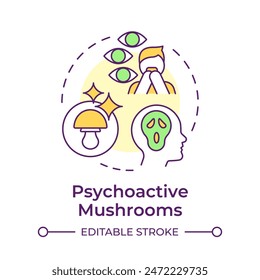 Psychoactive mushrooms multi color concept icon. Magic mushrooms. Visual distortions. Psychedelic fungi. Round shape line illustration. Abstract idea. Graphic design. Easy to use in article