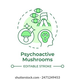 Psychoactive mushrooms soft green concept icon. Magic mushrooms. Visual distortions. Psychedelic fungi. Round shape line illustration. Abstract idea. Graphic design. Easy to use in article