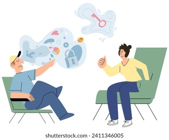 Ilustración vector psicoanálisis. El desarrollo de la identidad y el carácter son aspectos importantes de la salud mental y el crecimiento personal La salud mental abarca diversos estilos de vida y enfoques generales