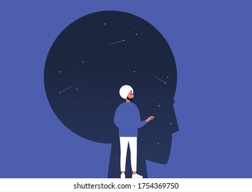 Psychoanalysis, young indian male character studying their own subconscious, stars and comets inside a dark silhouette