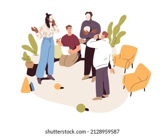 Psychodrama, Role-playing During Group Psychology Session. Psychologist And Patients At Family Constellations Therapy. Psychotherapy Concept. Flat Vector Illustration Isolated On White Background