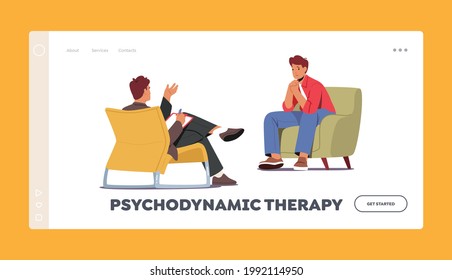 Psychodynamic Therapy Landing Page Template. Psychiatrist Session in Mental Health Clinic. Patient Character with Depression Disorder in Psychologist Office. Cartoon People Vector Illustration