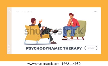 Psychodynamic Therapy Landing Page Template. Psychiatrist Session in Mental Health Clinic. Patient Character with Depression Disorder in Psychologist Office. Cartoon People Vector Illustration