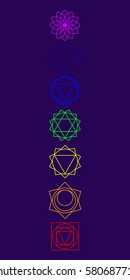 Psychoenergetic centers in the human body. Muladhara, Svadhisthana, Manipura, Anahata, visuddha, Ajna, Sahasrara. Hinduism. Buddhism. Vector illustration.