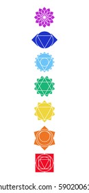 Psychoenergetic centers in the human body. Muladhara, Svadhisthana, Manipura, Anahata, visuddha, Ajna, Sahasrara. Hinduism. Buddhism. Vector illustration.