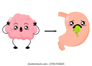 Psychogenic vomiting. Stress nausea, vomiting. Brain and stomach character. Cartoon burning brain with Stomach nausea. Internal human organs. Stock vector illustration isolated on white background.
