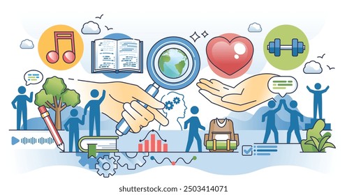 Psychographic segmentation and customer division outline hands concept. Market classification using society characteristics and behavior groups for effective marketing research vector illustration.