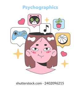 Psychographics insights concept. A cheerful girl surrounded by icons representing her interests: music, gaming, pets, plants, and sports. Showcasing personal preferences and behavioral insights