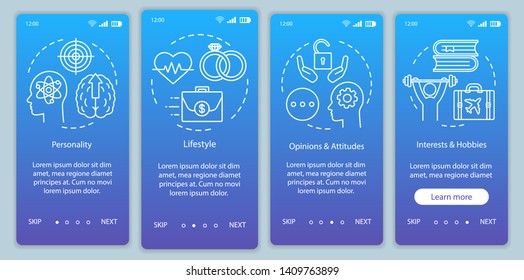 Psychographics targeting blue gradient onboarding mobile app page screen vector template. Walkthrough website steps with linear illustrations. UX, UI, GUI smartphone interface concept