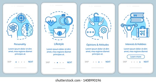 Psychographics targeting blue  onboarding mobile app page screen vector template. Personality lifestyle  walkthrough website steps with linear illustrations. UX, UI, GUI smartphone interface concept