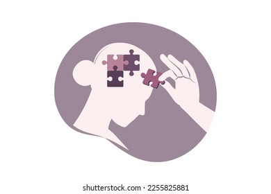Psychologic therapy session concept. Helping hand adds missing jigsaw puzzle pieces. Woman with mental disorder, anxiety and confusion mind or stress. Vector illustration.