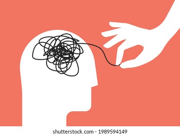 Psychologic therapy session concept with human head silhouette and helping hand unravels the tangle of messy thoughts with mental disorder, anxiety and confusion mind or stress. Vector illustration