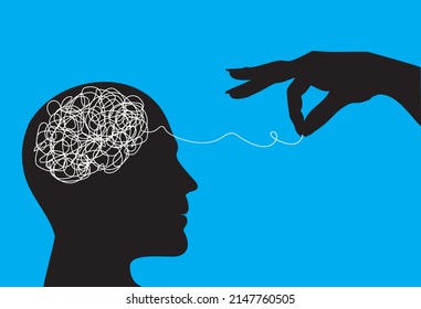 Psychologic therapy session concept with human head silhouette and helping hand unravels the tangle of messy thoughts with mental disorder, anxiety and confusion mind or stress. Vector illustration