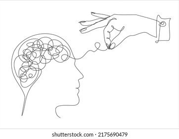 Psychologic therapy session concept with human head continuous line drawing and helping hand unravels the tangle of messy thoughts with mental disorder, anxiety and confusion mind or stress. 