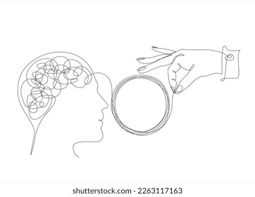 Psychologic therapy session concept with human head continuous line drawing and helping hand unravels the tangle of messy thoughts with mental disorder, anxiety and confusion mind or stress. 