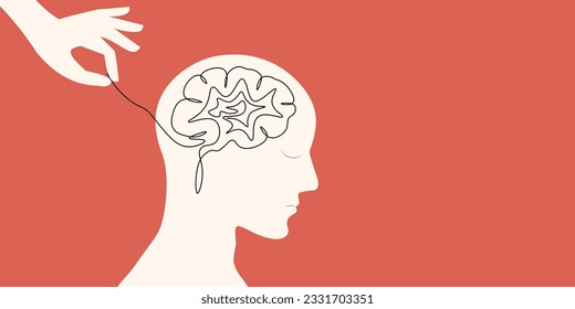 Psychologic therapy session concept with human head silhouette and helping hand unravels the tangle of messy thoughts with mental disorder, anxiety and confusion mind or stress.