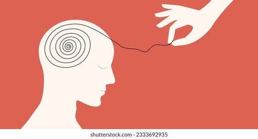 El concepto de sesión de terapia psicológica con silueta de cabeza humana y ayudar a la mano desenreda la maraña de pensamientos desordenados con trastorno mental, ansiedad y confusión mente o estrés.