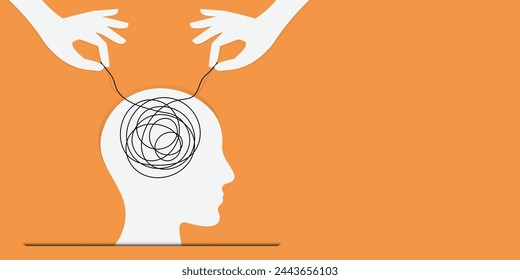 Psychologic therapy session concept with human head silhouette and helping hand unravels the tangle of messy thoughts with mental disorder, anxiety and confusion mind or stress.