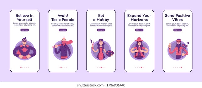 Psychological advices onboarding mobile app screen flat vector template. Personal development. Walkthrough website steps with characters. UX, UI, GUI smartphone cartoon interface, case prints set