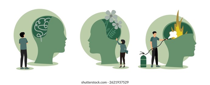 Psychological analysis and self reflection. Human profile with floral growths symbolizing positivity and personal development. Man using a fire extinguisher to put out a fire inside a head.
