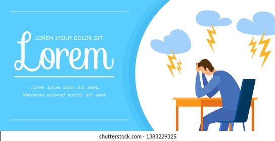 Psychological Assistance Banner Vector Template. Sad, Stressed Man Cartoon Character. Professional Psychologist Service, Nervous Tension. Depression Metaphor Flat Illustration with Text Space