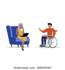 Psychological assistance for disabled people. Psychologist and patient in a wheelchair, assistance to disabled person, rehabilitation and support soldier after war. Vector illustration