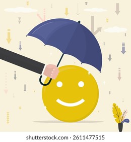 Psychological assistance, empathy, support. Positive thinking. Psychologist holding umbrella and helps save good mood, mental health. Relationship, medical help, care. flat vector illustration