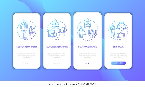 Psychological awareness onboarding mobile app page screen with concepts. Personal development. Mental health walkthrough 4 steps graphic instructions. UI vector template with RGB color illustrations