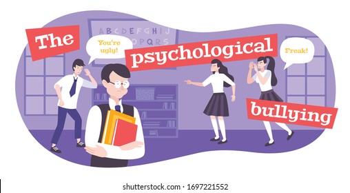 Psychological bullying flat composition with shouting children characters and thought bubbles with text and school scenery vector illustration