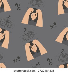 Psychological Burnout Seamless Pattern of Depressed Woman. Stressed Female Character with Anxiety Under Stress with Tangled Thoughts and Question on Dark Gray Background. Vector Illustration Not AI 