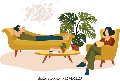 Psychological Care Vector Illustration. Therapy. Man Lying On The Couch. Doctor Listening In Armchair. Monstera, Table. Books. Psychological Treatment. Solving Problems. Office. Mental Health Care