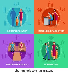 Psychological causes of family conflict flat design concept set  vector illustration