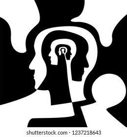 Psychological complexity concept. Stock vector illustration of a human head with multiple profiles inside for confusion, memories, personality disorder, mental disease.