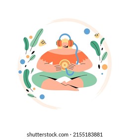 Psychological concept of acceptance, self care, mental health. Happy woman sitting in lotus position with headphones listening to inner voice. Healthy lifestyle of a girl in a yoga pose. Vector