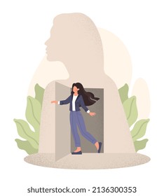 Psychological concept of becoming free. Woman struggles with her inner fears, gets rid of phobias and frees her self. Fearful female character overcomes difficulties. Cartoon flat vector illustration