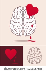 Psychological concept of the brain broken by the heart and the heart with drops of blood. Feelings, love.