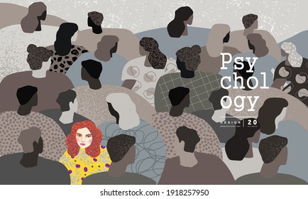 Psychological concept. Bulling.Vector illustration of loneliness among people in a crowd, mental problems, fear and insecurity. White crow. Drawing for banner, background or poster