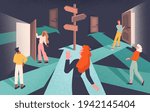 Psychological concept of choices and Finding or Choosing the right life path with group of diverse people following intersecting paths to doors with central signpost on arrow, flat vector illustration