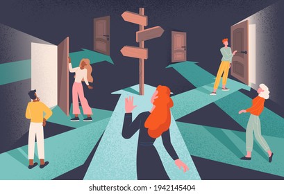 Psychological concept of choices and Finding or Choosing the right life path with group of diverse people following intersecting paths to doors with central signpost on arrow, flat vector illustration