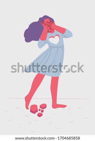 psychological concept of the difficulty of parting. the girl has lost her heart and is crying. Colorful vector illustration.
