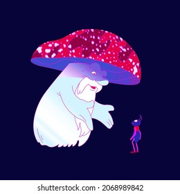 The psychological concept of finding and meeting a mentor, self-discovery with the help of nature. Man discovers the unknown hidden dark part of himself. Self-knowledge with the help of a fly agaric.