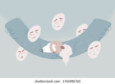 Psychological concept. Frustrated woman laid down in hands. Psychology problems, depression, stress concept. Self help illustration with face emotions around. Girl hug herself vector.