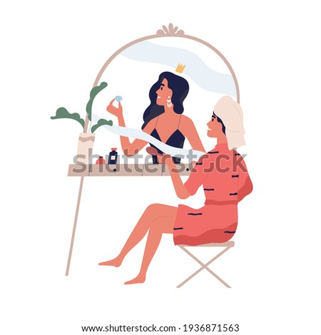 Psychological concept of high self-esteem, complacency, and narcissism. Selfish woman looking in mirror and dreaming to be beauty. Colored flat vector illustration isolated on white background