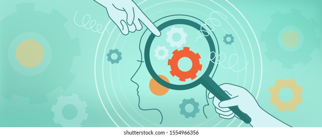 The psychological concept of human thinking, brain mechanics, complexes, problems. Vector Illustration face in profile, magnifier, gears, springs on a blue background. Website, cover page, banner.