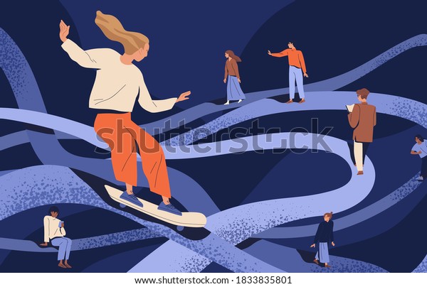 Psychological concept of important key points in\
memory or searching and finding life path. People going in past by\
psychotherapy. Flat vector cartoon illustration of people at\
tangled ways