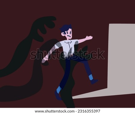 Psychological concept of influence, manipulation or addiction. Character surrounded by giant crawling hands. Addicted man breaks with fear or dependence. Vector illustration in flat style