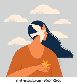 The psychological concept of mental health, manipulation or dependence. The character is a flying bird. An addicted person overcomes fear or addiction. Vector illustration flat style