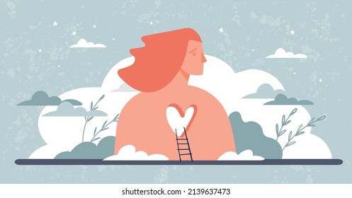 Psychological Concept Of Mental Health, Trauma Healing And Self Love. Overcoming Personal Problems And Growing Up Personality. Conceptual Colored Flat Vector Illustration.