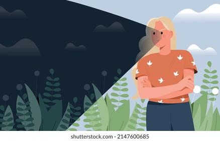 Psychological concept of pessimism. Unhappy young woman with negative outlook on world and unhealthy bad thinking. Character sees only bad. Mental disorder. Cartoon modern flat vector illustration